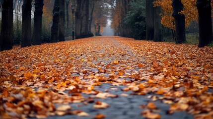 Autumn road completely covered with autumn leaves on the asphalt. Multicolored foliage of trees creates a beautiful background for the straight road.