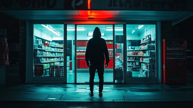 A man in a dark hooded jacket stands in front of a store with green lighting at night. robbery of a store at night
