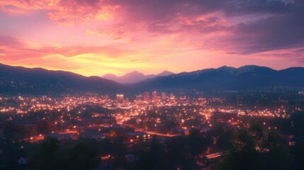 A twilight panorama featuring glowing city lights from buildings in the front, green mountain ranges in the distance,