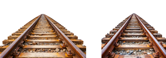 Set of Rusty railway tracks isolated on transparent background, cut out