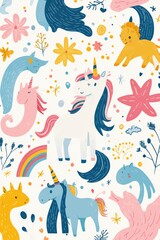 fantasy character illustrations, vibrant doodle with unicorns, mermaids, and rainbows in a magical pastel universe