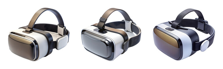 Set of virtual reality glasses and headset isolated on transparent background, cut out