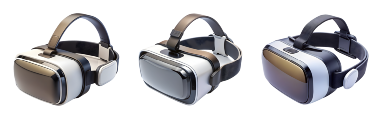 Set of virtual reality glasses and headset isolated on transparent background, cut out