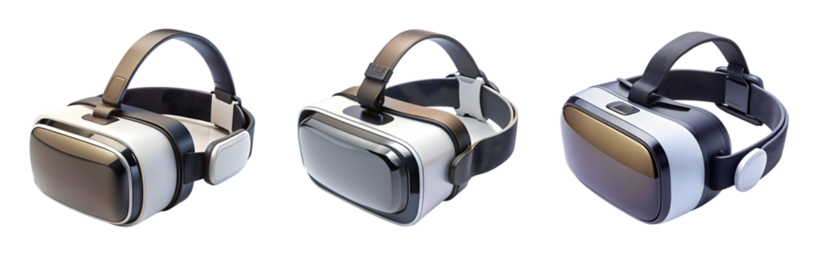 Set of virtual reality glasses and headset isolated on transparent background, cut out