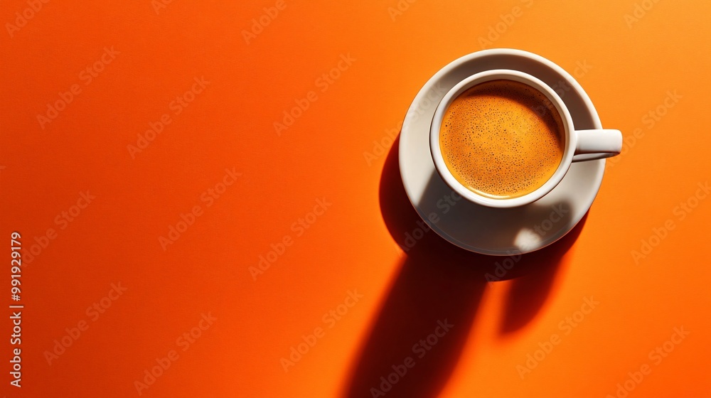 Wall mural top view of a cup of coffee on a bright orange background with a shadow.