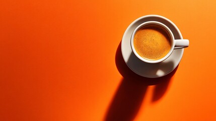 Top view of a cup of coffee on a bright orange background with a shadow.