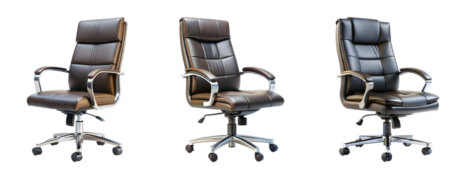 Set of black leather office chair isolated on transparent background, cut out