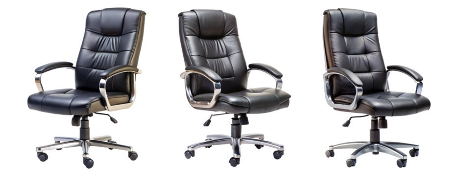 Set of black leather office chair isolated on transparent background, cut out