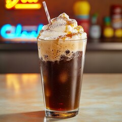 Classic Root Beer Float with Frothy Bubbles in Retro Soda Fountain Setting