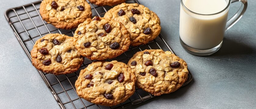 Cozy Overhead Shot of Homemade Oatmeal Cookies with Raisins and Glass of Milk on Wire Rack