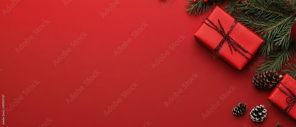 Wall mural christmas gift wrapped and new year by pine branches, flat lay top view horizontal banner web poster