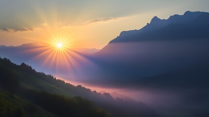 Fototapeta premium Misty Mountain Sunrise with Golden Rays
