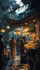 Naklejka premium Thriving Black Market Scene Without Formal Governance - Marketplace Exchange in Shadowy Environment
