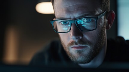 Obraz premium White man in his 30s wearing glasses moving mouse while looking at computer monitor, photography, ultra realistic, with generative ai
