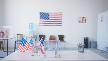 Camera view of election table. Several little American flags, transparent ballot box and pens in metal holder located on desk. Symbolical badges with US flag design. Local polling station.