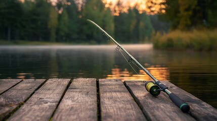 green fishing rod against a wooden dock at a lake, softly lit by the morning light