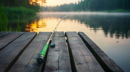 green fishing rod against a wooden dock at a lake, softly lit by the morning light