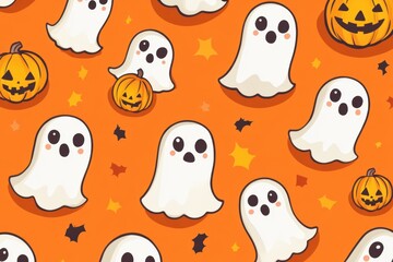 A pattern of cute cartoon ghosts and pumpkins on an orange background, creating a fun Halloween-themed design Generative AI