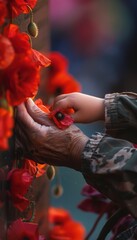Obraz premium Generational Remembrance: Child and Veteran Placing Poppy Wreath on War Memorial