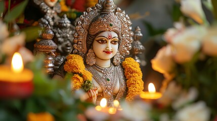 A close up of a beautiful decorated durga idol with bukeh background generative ai image