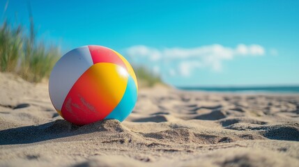 Obraz premium multicolored beach ball bouncing on the sandy beach
