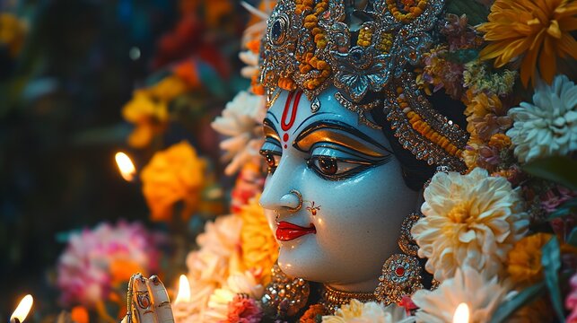 A close up of a beautiful decorated durga idol with bukeh background generative ai image