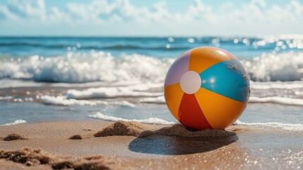 Obraz premium multicolored beach ball bouncing on the sandy beach