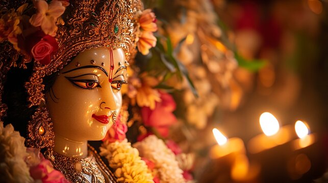 A close up of a beautiful decorated durga idol with bukeh background generative ai image
