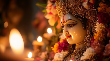 A close up of a beautiful decorated durga idol with bukeh background generative ai image