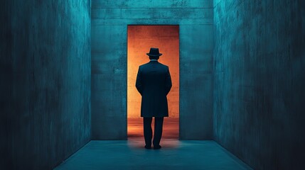 Obraz premium A man in a hat stands in a dark room with a doorway