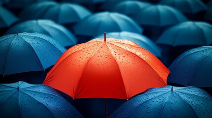 A red umbrella is the only one in a group of blue umbrellas