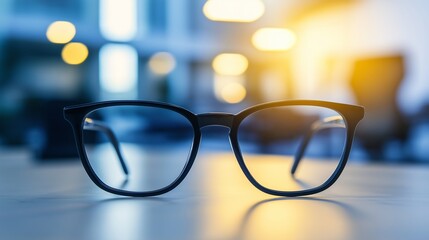 black lawyer glasses on an office desk