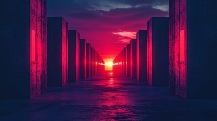 Fototapeta premium A long, narrow hallway with red walls and a red sun in the sky