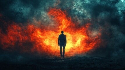 Obraz premium A man stands in front of a fire, surrounded by smoke