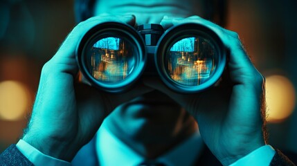 A man is looking through binoculars, with his reflection in the lenses