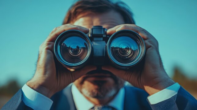 A man is looking through binoculars, possibly at something in the distance