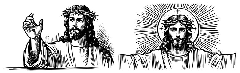 artistic set of jesus christ portraits in black and white line art