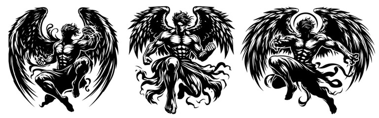 heroic archangel in battle pose, black and white vector collection