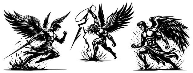 powerful archangel in fighting stance, black and white vector collection