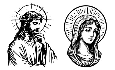 spiritual portraits of jesus christ and mary black and white hand drawing vector line art cartoon style