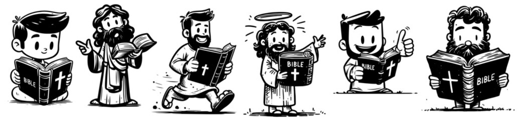 cartoon jesus christ with holy bible in hand, black and white vector illustration