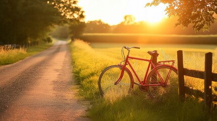 Fototapeta premium red bicycle leaning against a fence on a country road