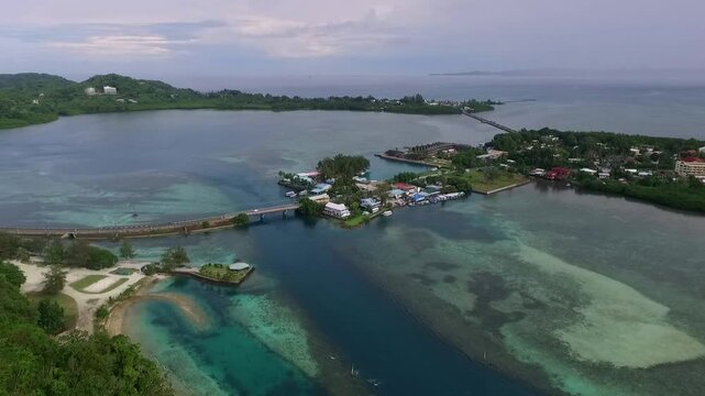 Seascape of Koror island in Palau. Long Island Park, Malakal Bridge in Background. Drone.