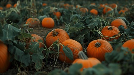 pumpkin patch, vibrant orange pumpkins contrasting against the dark green foliage
