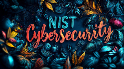 Bright and vibrant image depicts NIST Cybersecurity text prominently against a colorful backdrop of leaves, symbolizing protection and digital security.