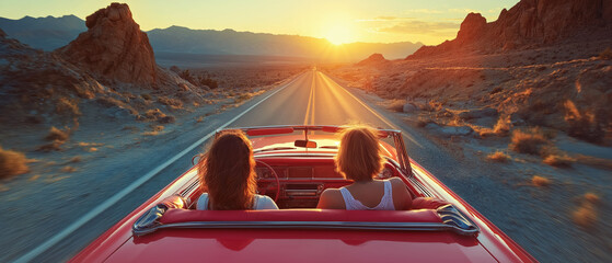Two women friends driving a convertible car over desert highway, sunset over hills in distance. Generative AI