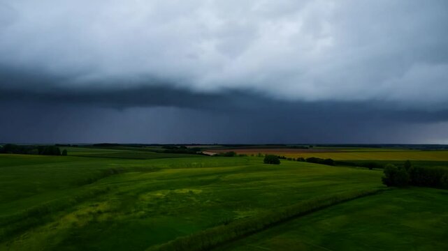 Dark storm clouds gather ominously over lush green fields in the countryside, hinting at an impending thunderstorm as daylight fades