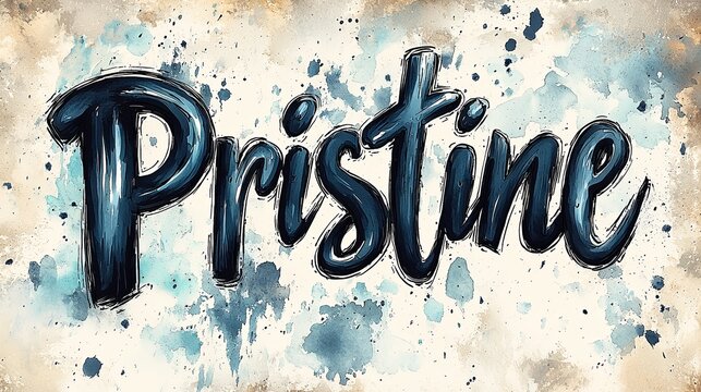 A modern and artistic representation of the word 'Pristine' with a background of watercolor splashes, conveying purity, cleanliness, and untouched natural beauty.