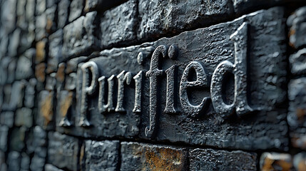 The word 'Purified' is artistically engraved in a stone surface, set against a heavily textured stone wall, evoking thoughts of purity and solidity.