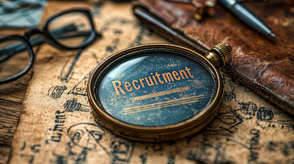 A magnifying glass reveals the word 'Recruitment' on a vintage-style map layout, symbolizing the search for talent and human resources in an antique setting.